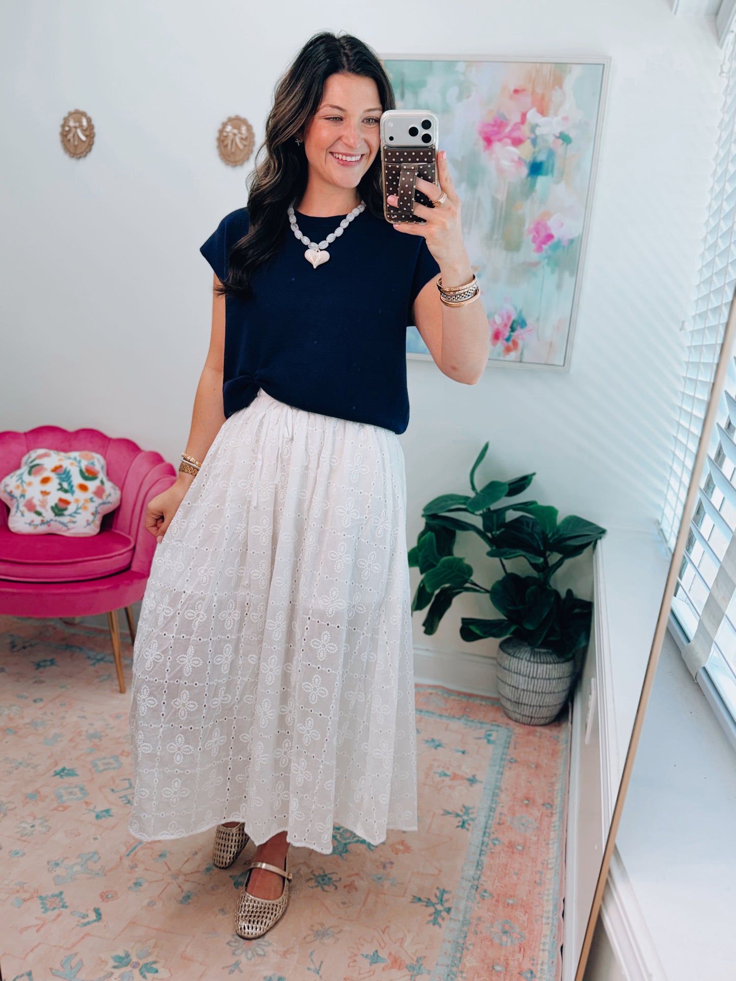 Eyelet Ruffle White Midi Skirt
