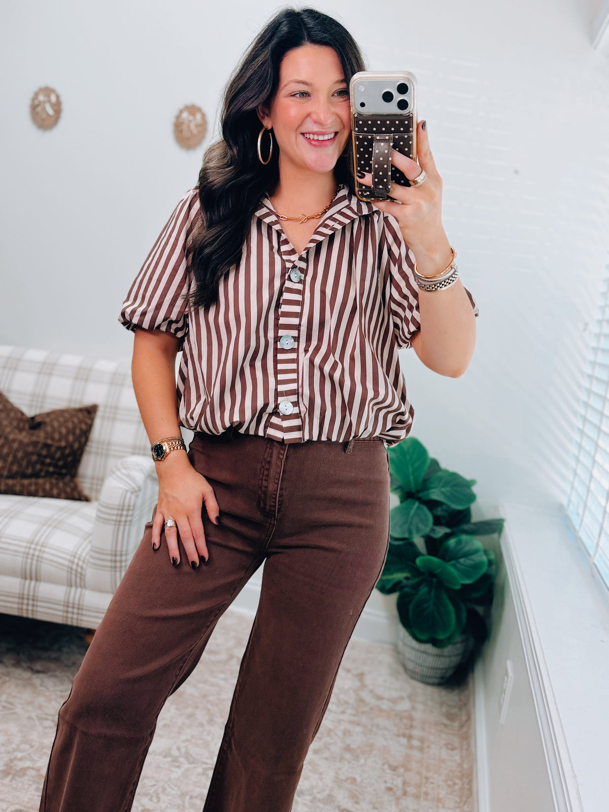 Mocha Stripe Bubble Hem Top