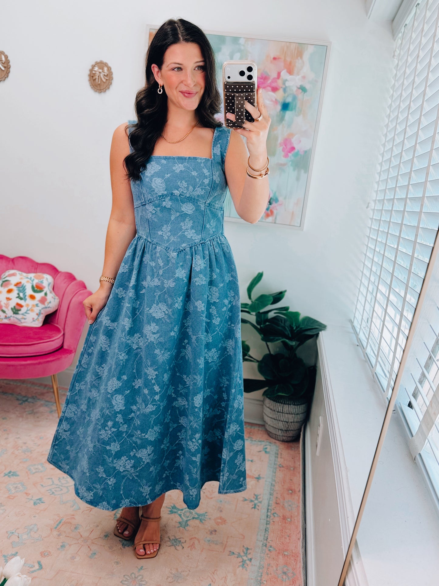 Jacquard Corset Floral Denim Midi Dress