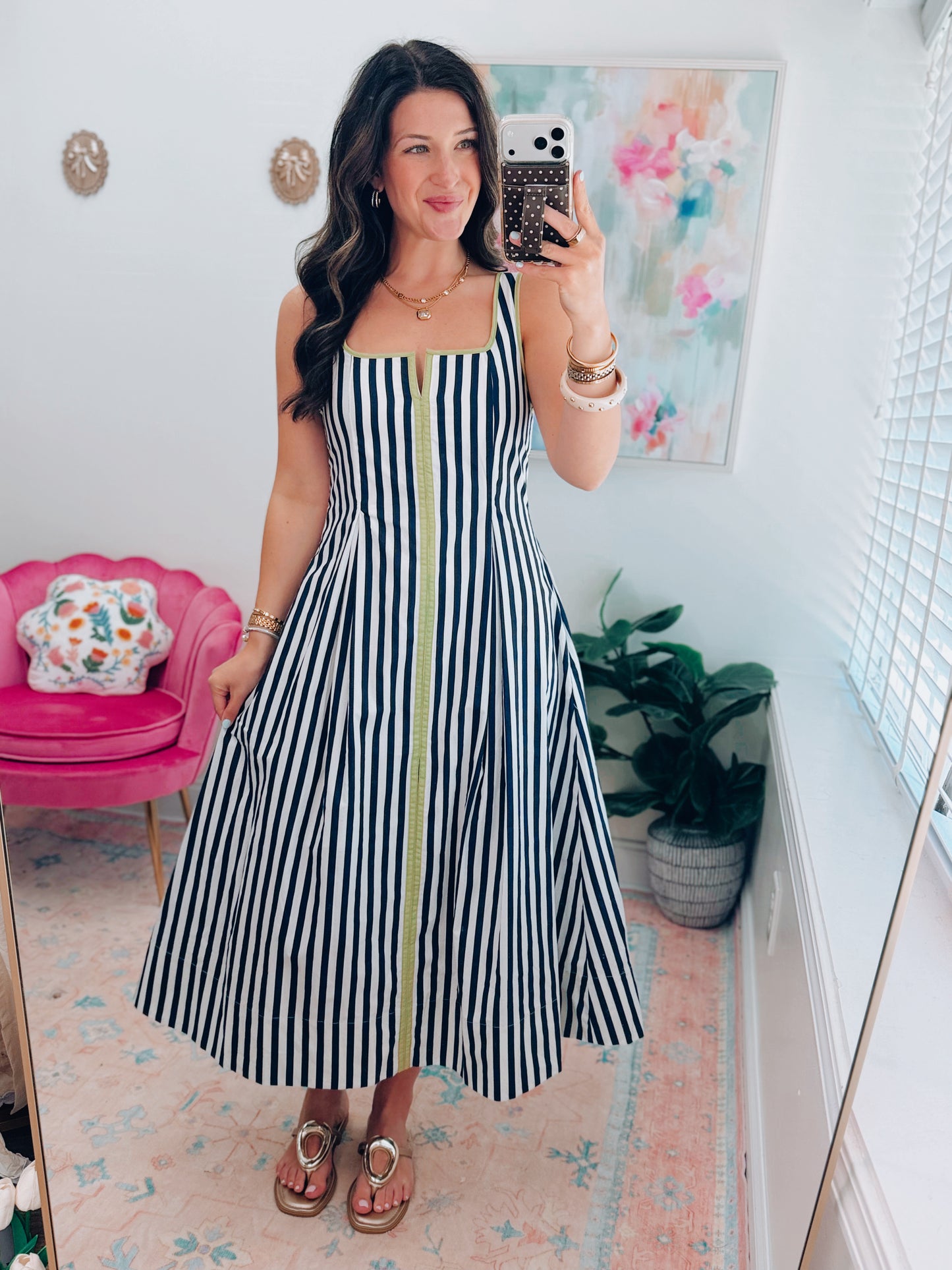 Walker Pleated Stripe Midi Dress