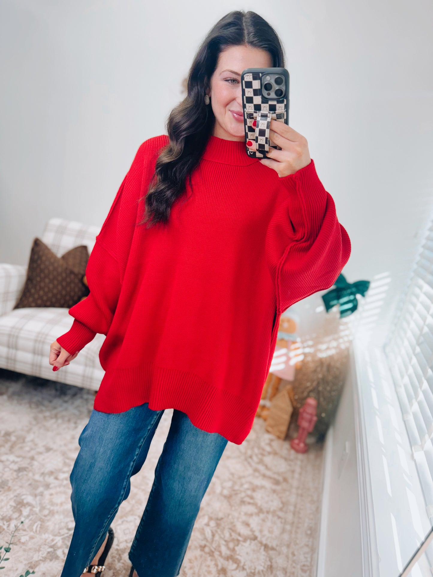 CURVY Millie Ribbed Oversized Sweater Top - Red