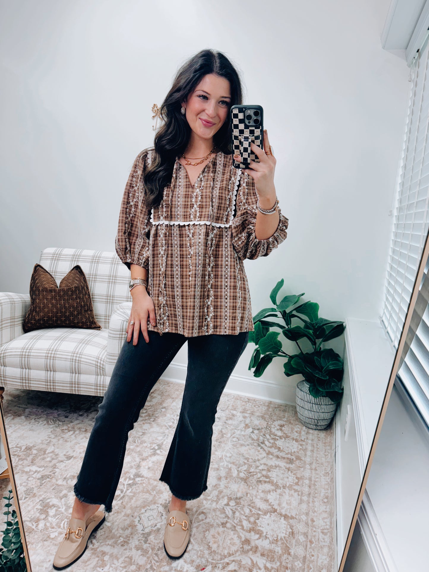 Scallop Trim Embroidery Plaid Babydoll Top