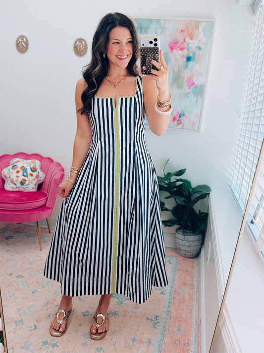 Walker Pleated Stripe Midi Dress