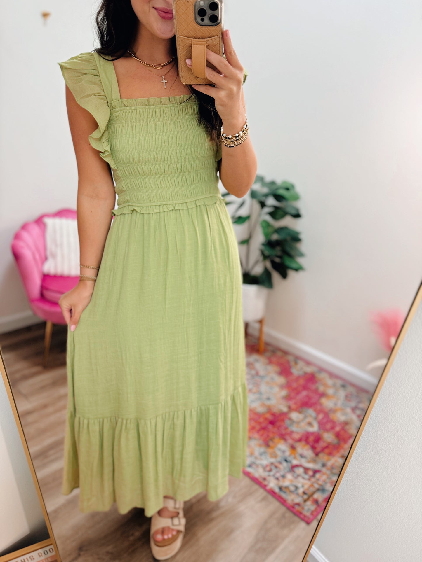 August Skies Smocked Midi Dress - Kiwi