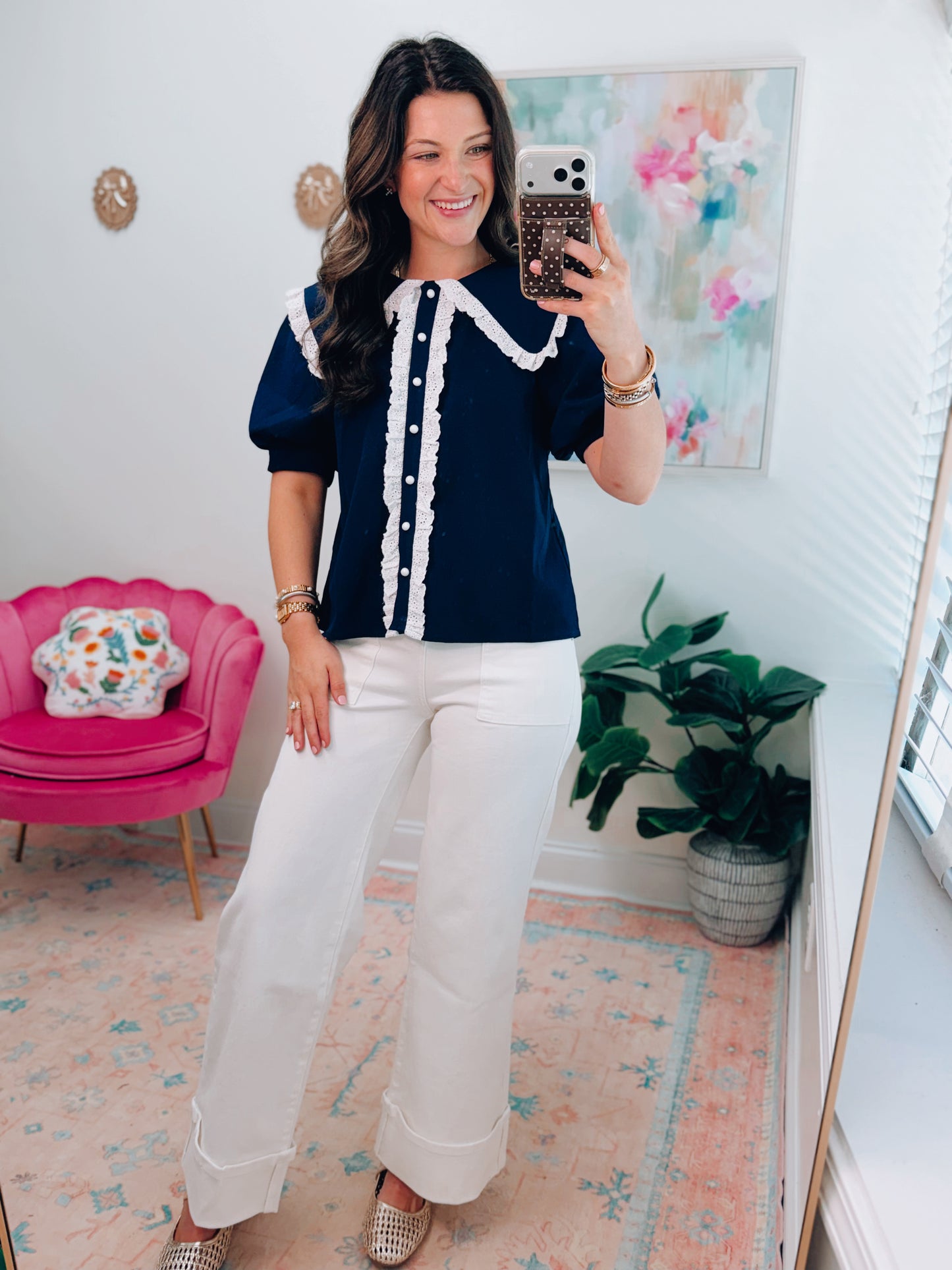 Navy Eyelet Button Top