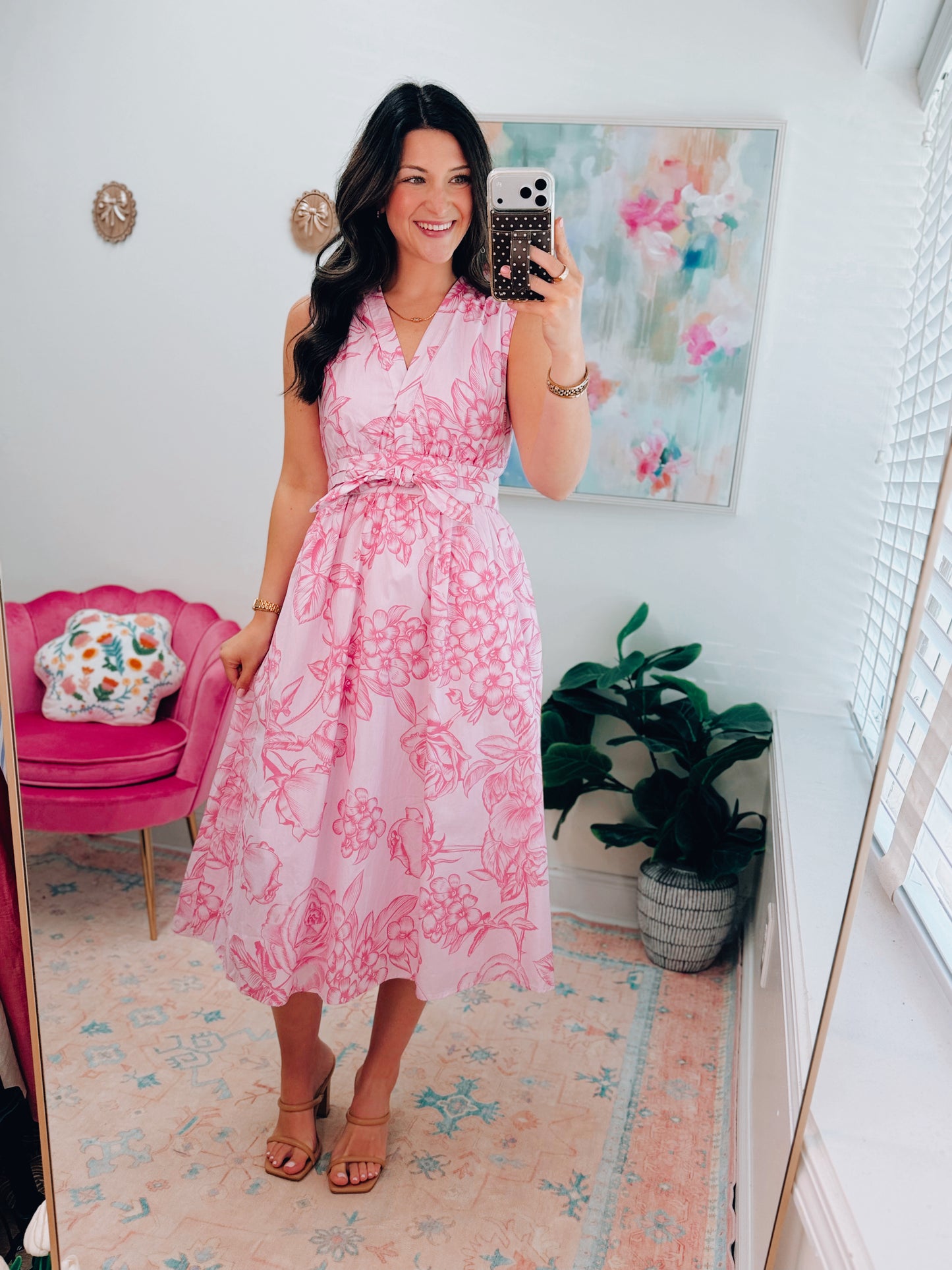 Pink Floral Tie Midi Dress