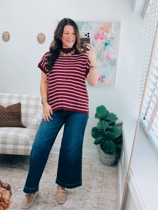 Burgundy Striped Mock Neck Sweater Top