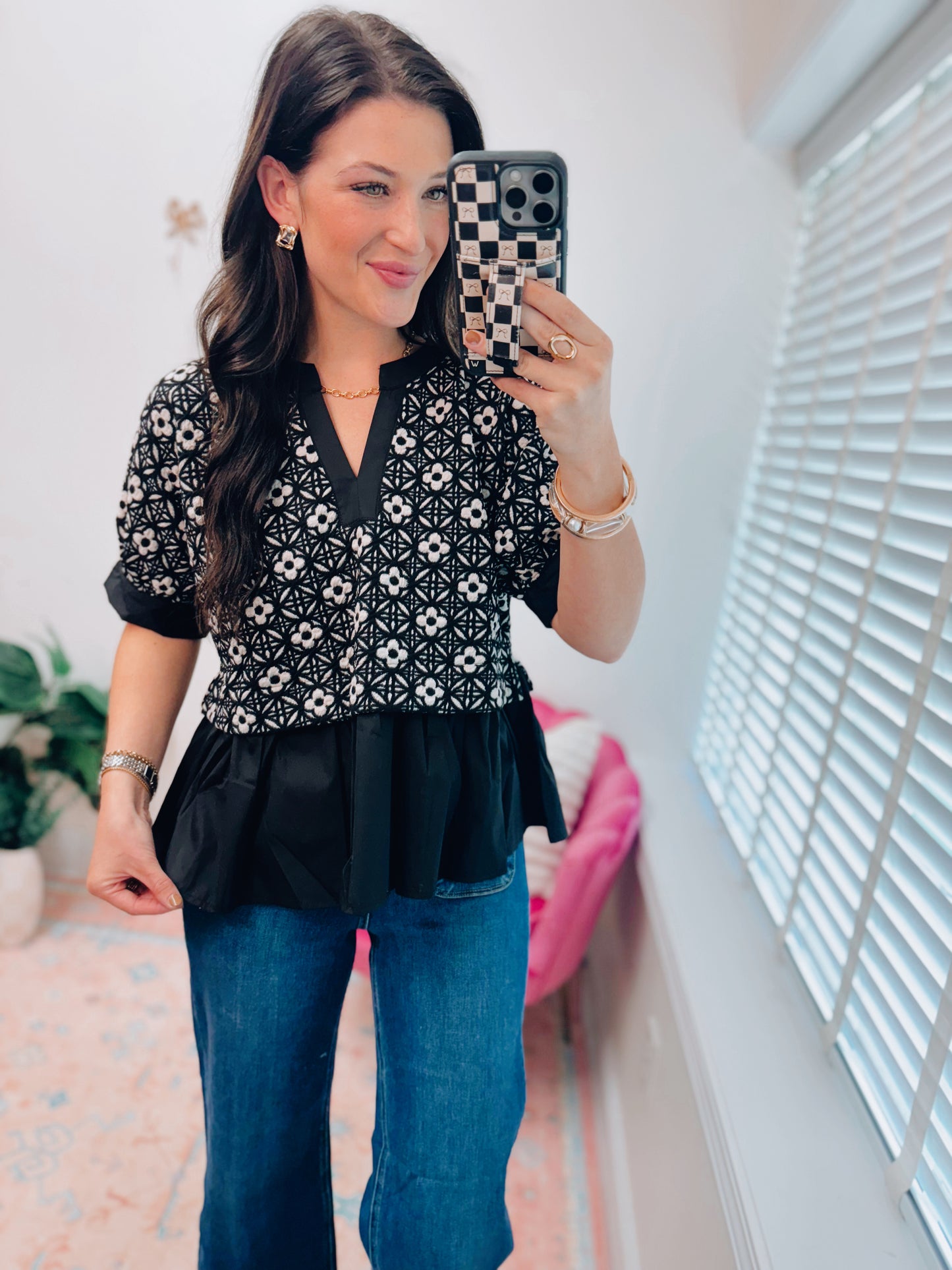 Darcy Floral Mix Media Top - Black