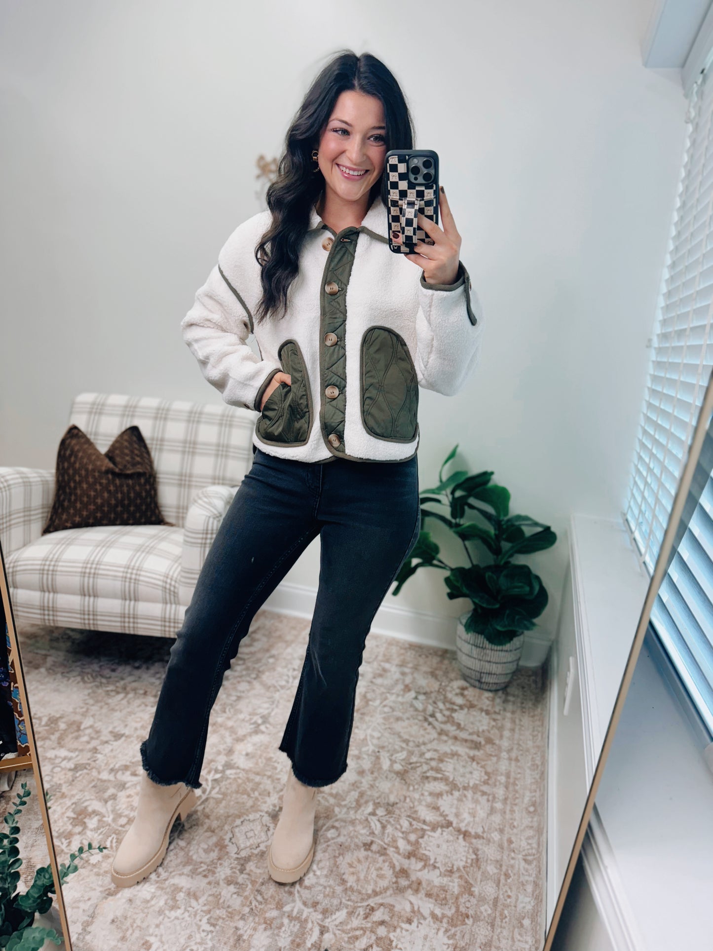 Shearling Button Olive Sherpa Jacket