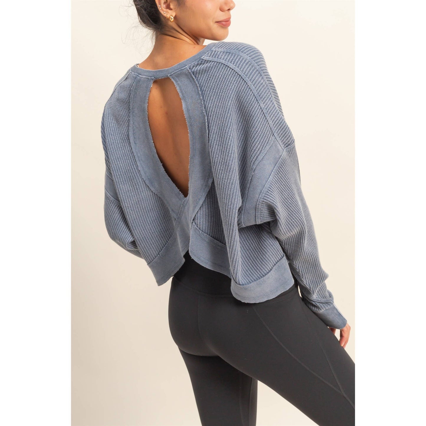Chic Open Back Textured Knit Long Sleeve Top