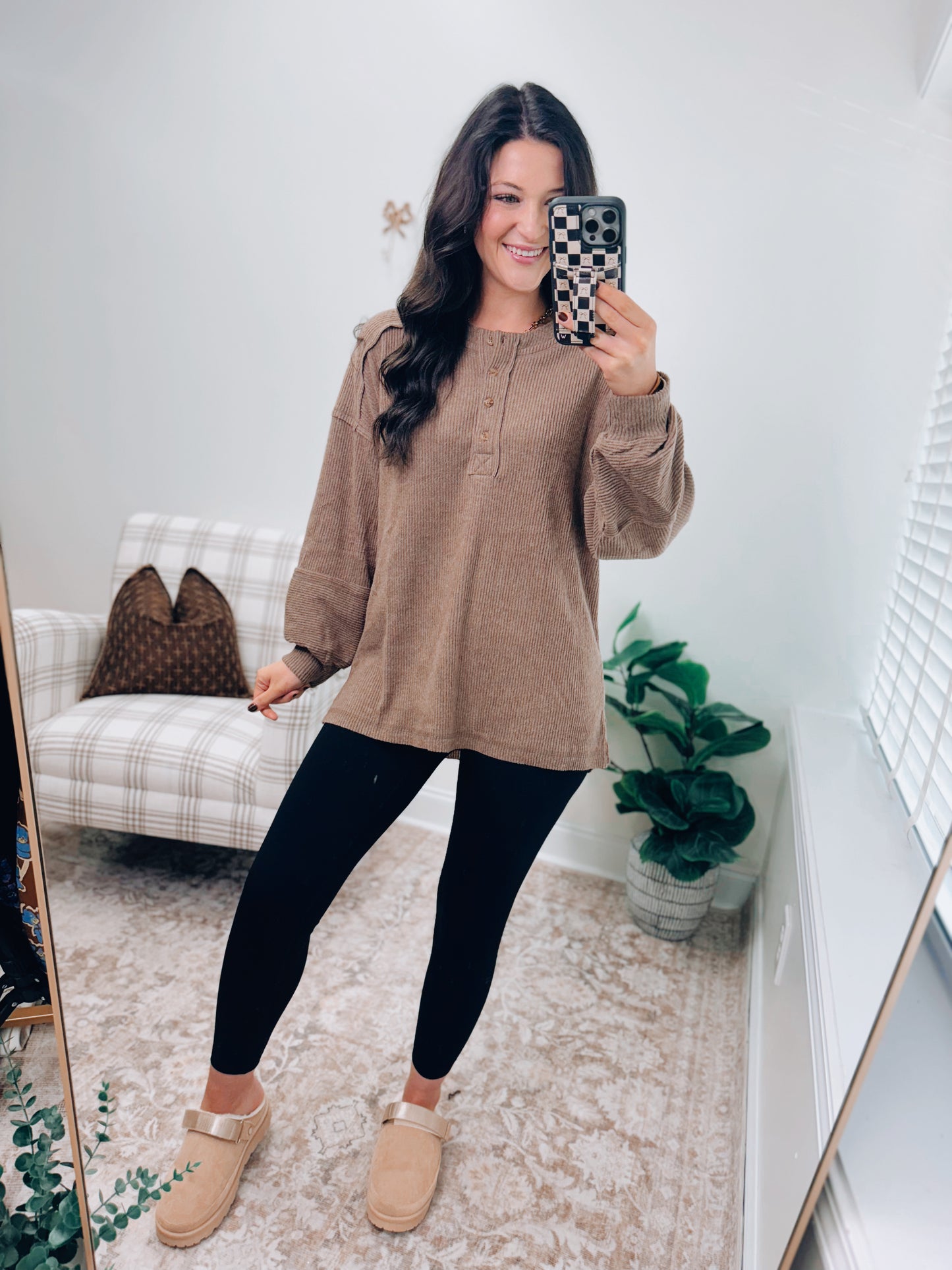 DOORBUSTER Button Brushed Ribbed Sweater - Mocha