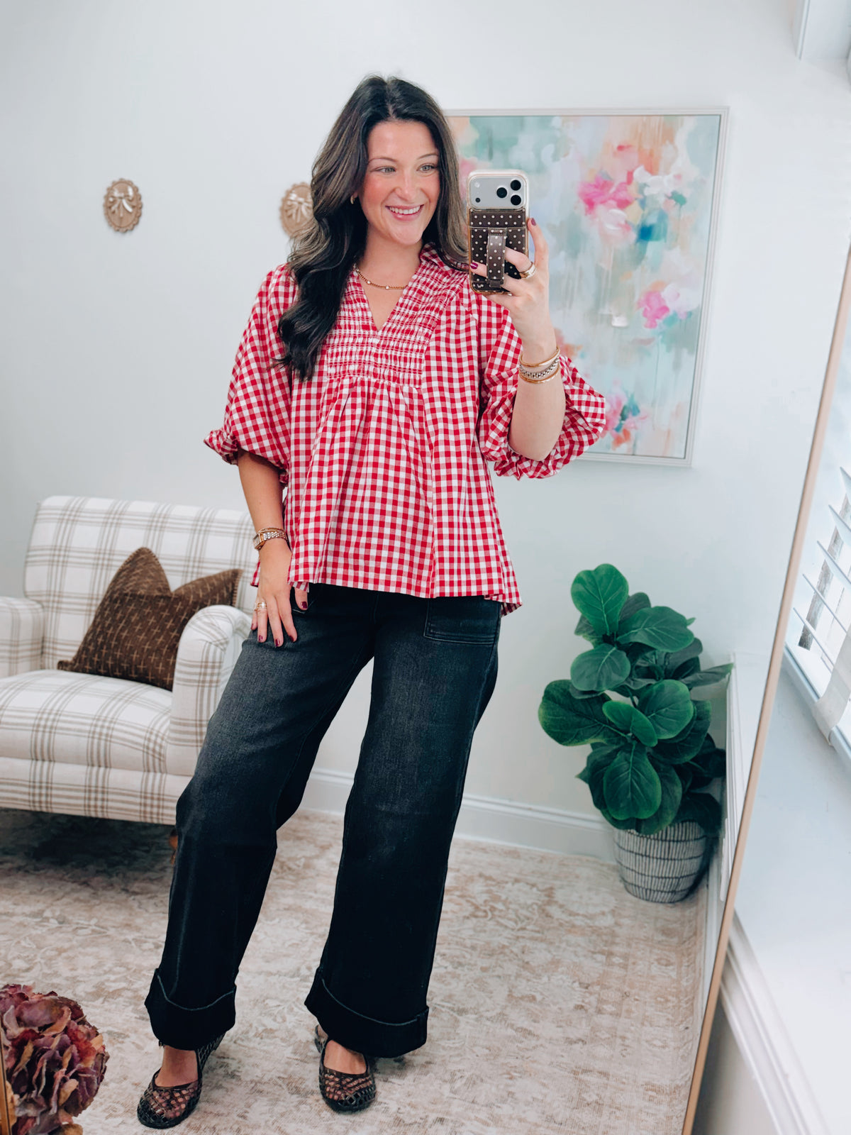 Rue Red Gingham Puff Sleeve Top