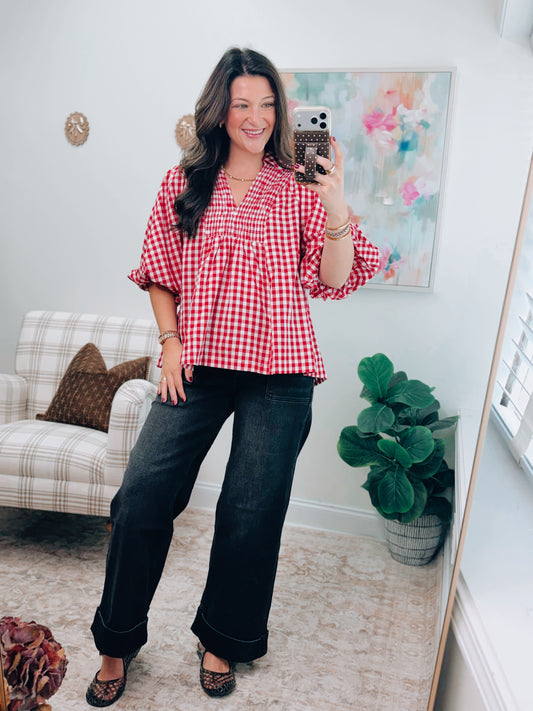 Rue Red Gingham Puff Sleeve Top