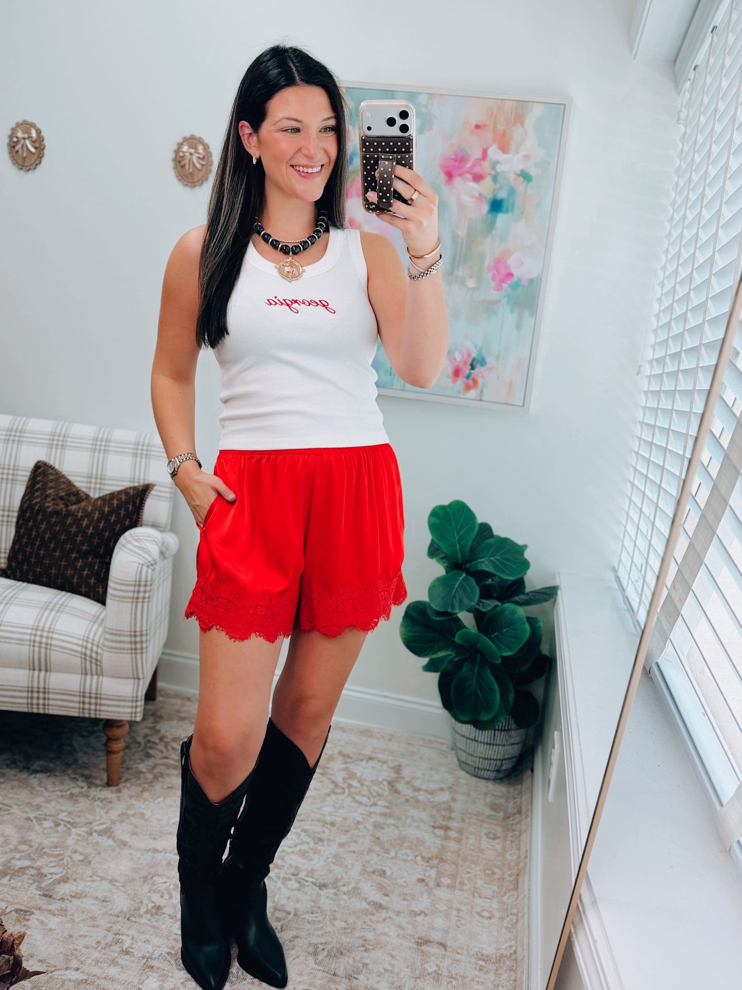 Satin Lace Shorts - Red
