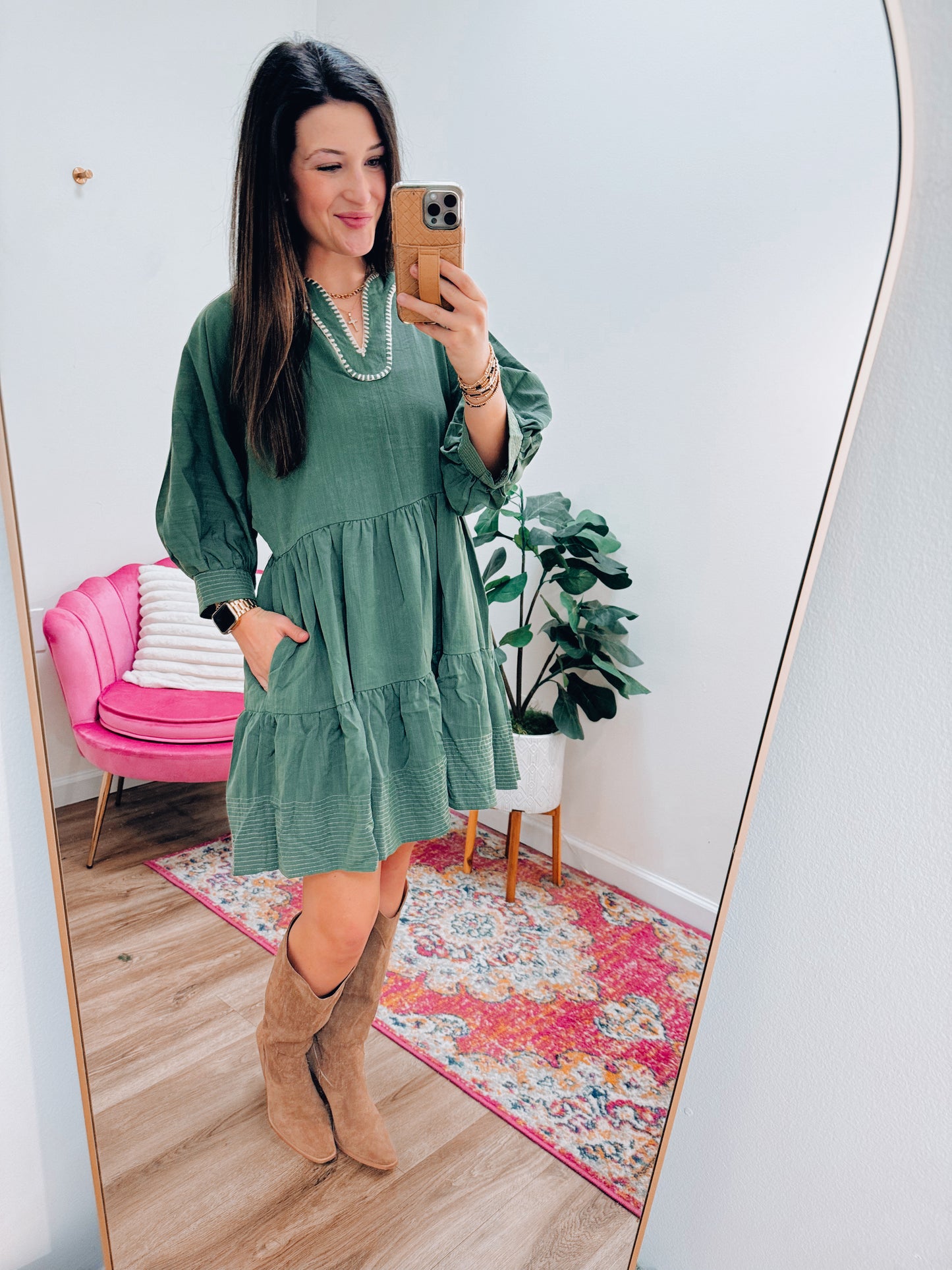 Embroidered Olive Mini Dress