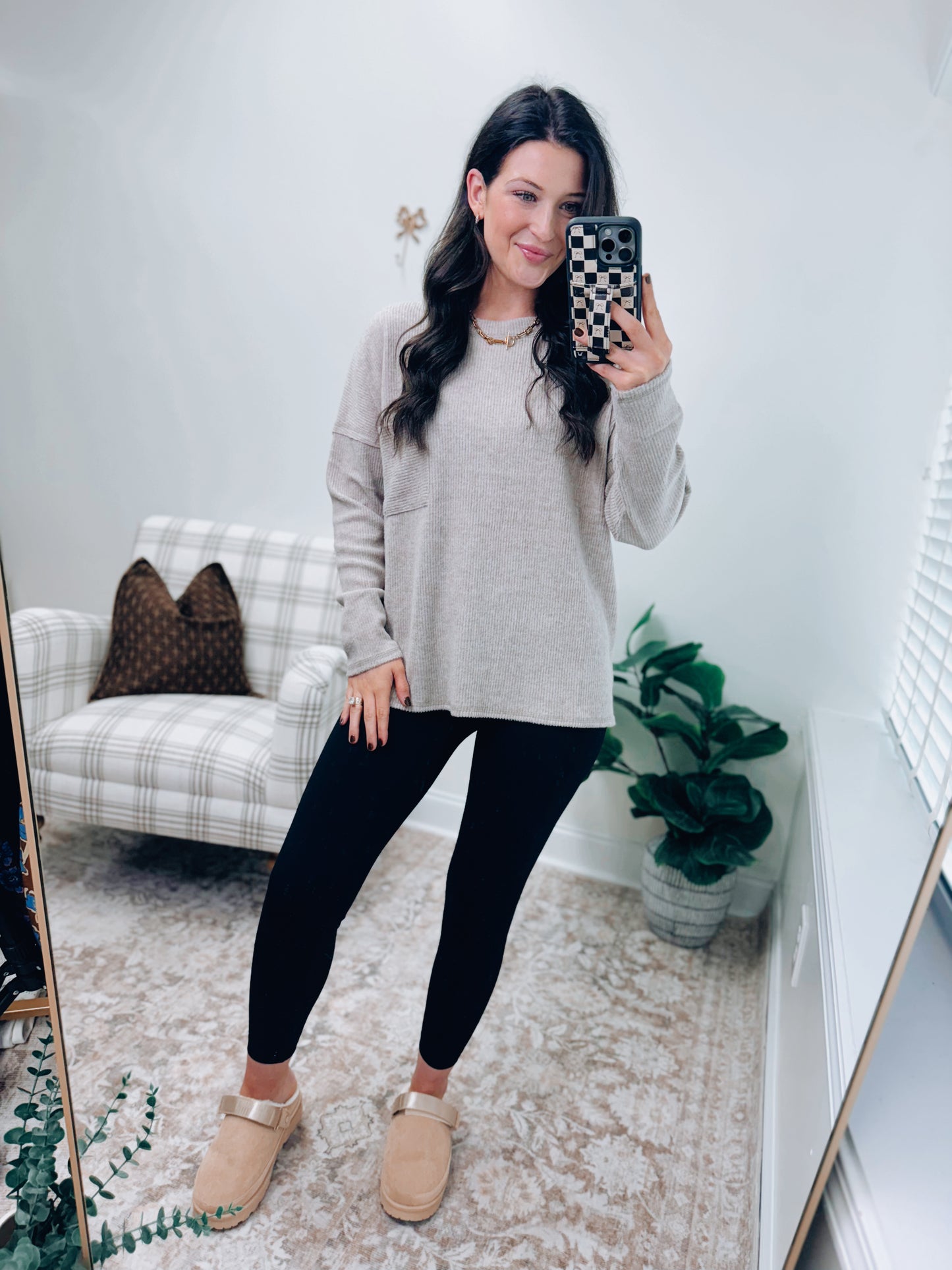 DOORBUSTER Pocket Brushed Ribbed Top - Heather Mocha