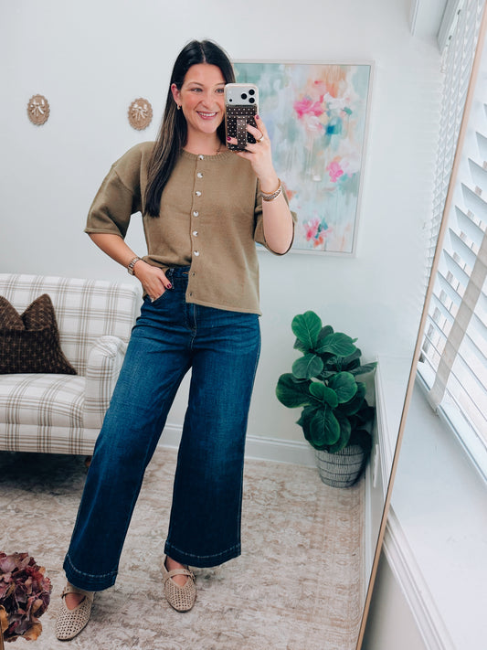 Olive Button Knit Sweater Top