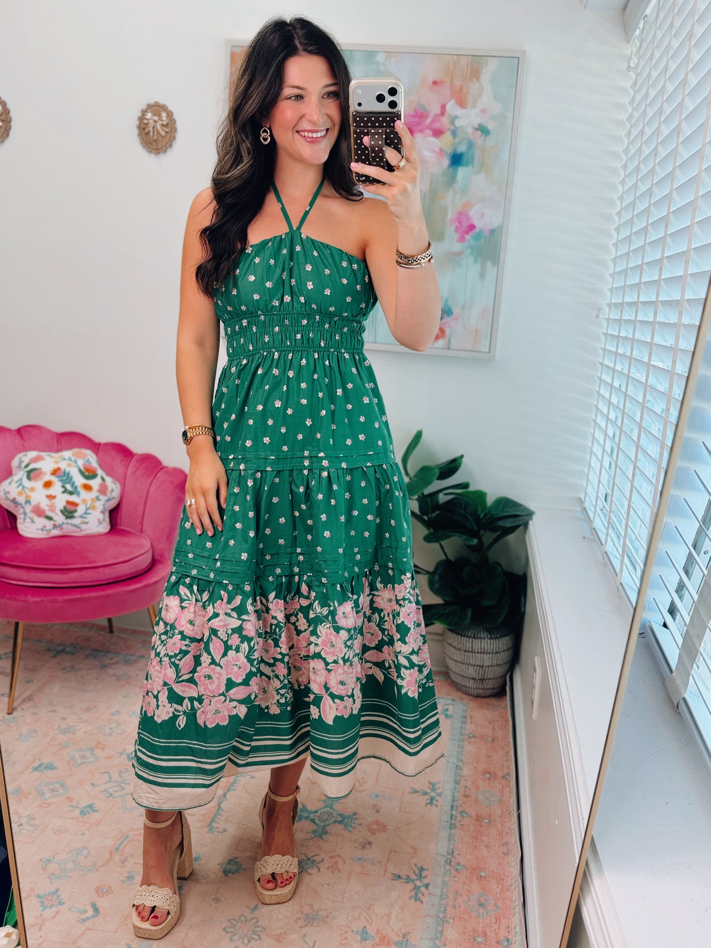 Green Floral Halter Smocked Midi Dress