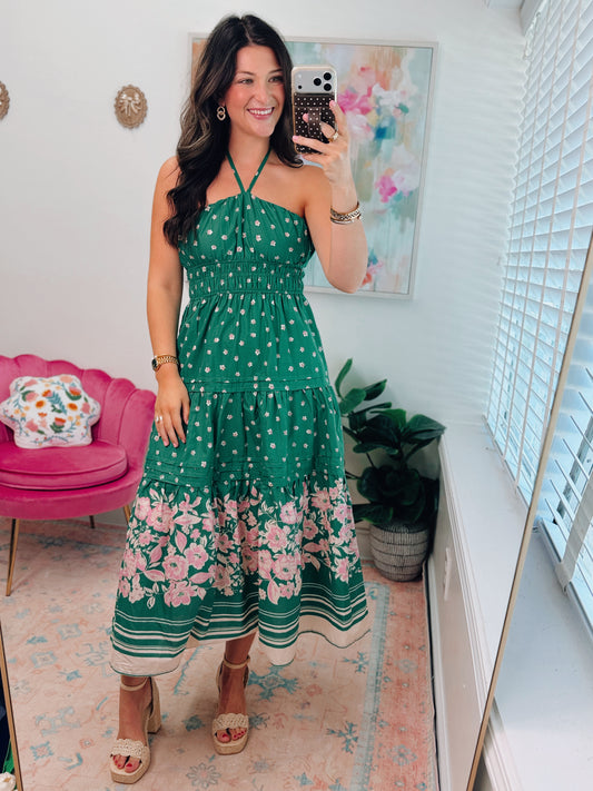 Green Floral Halter Smocked Midi Dress