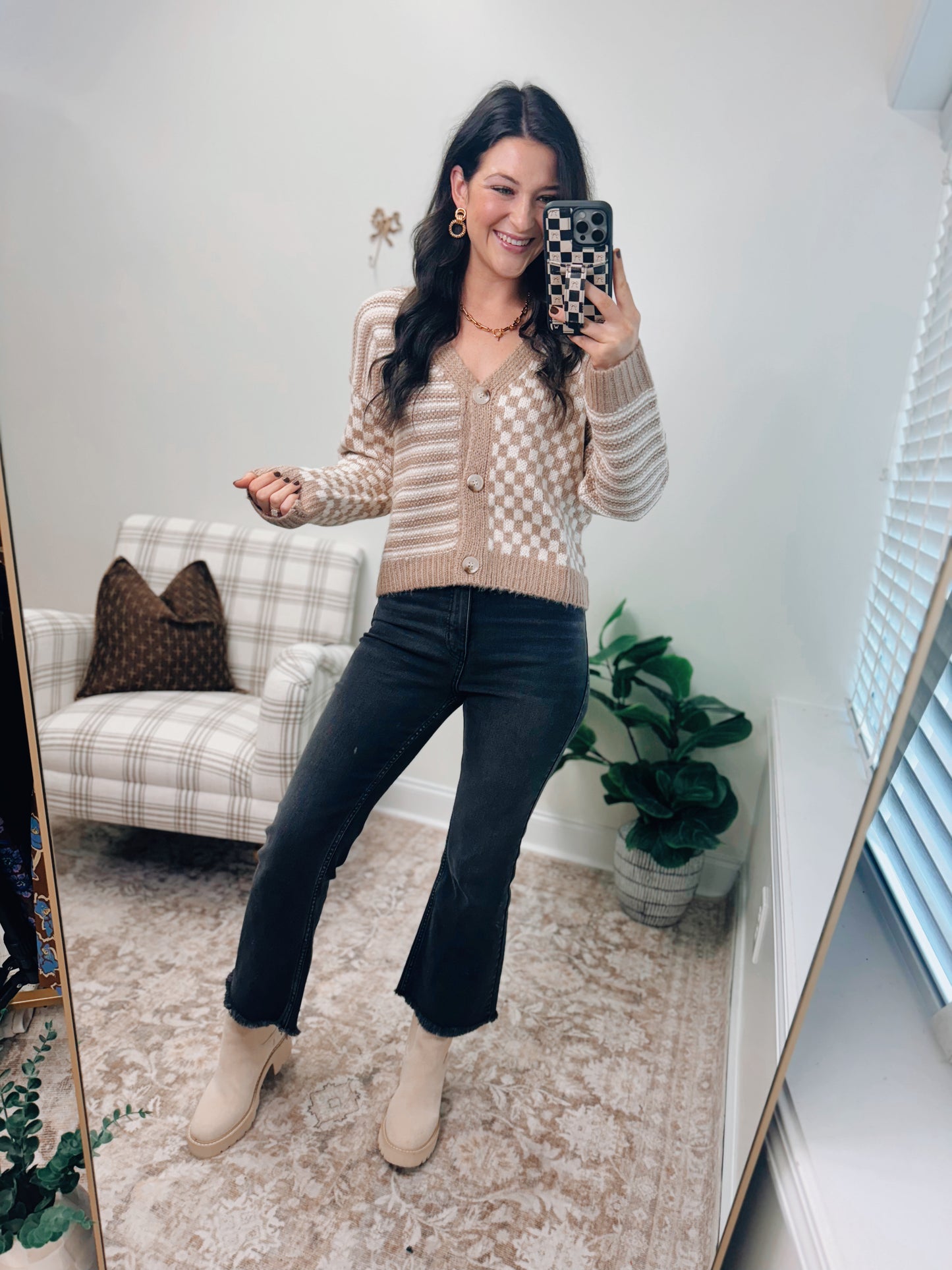 Checker and Stripe Cardigan Sweater