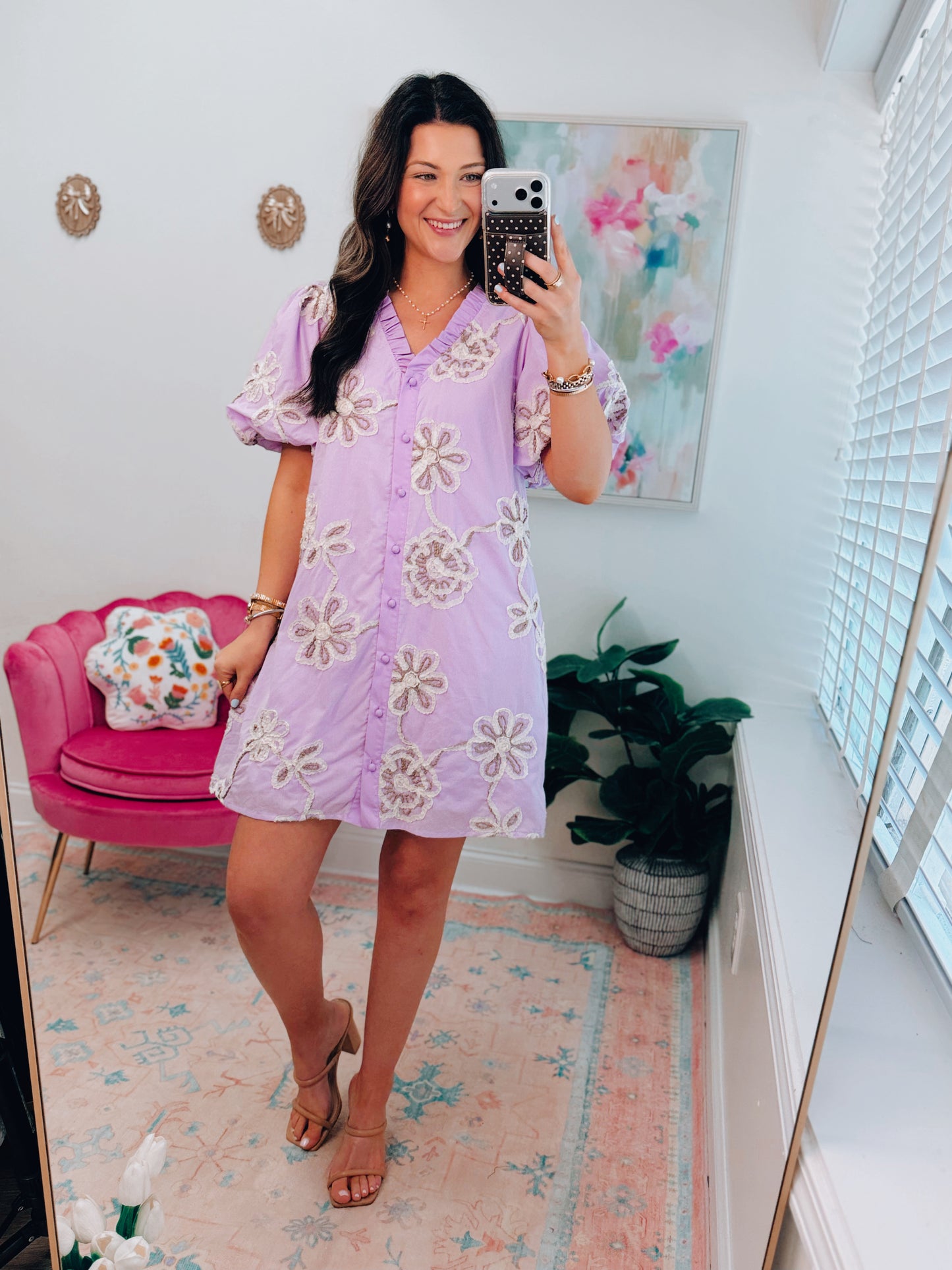 Lavender Raised Floral Button Mini Dress