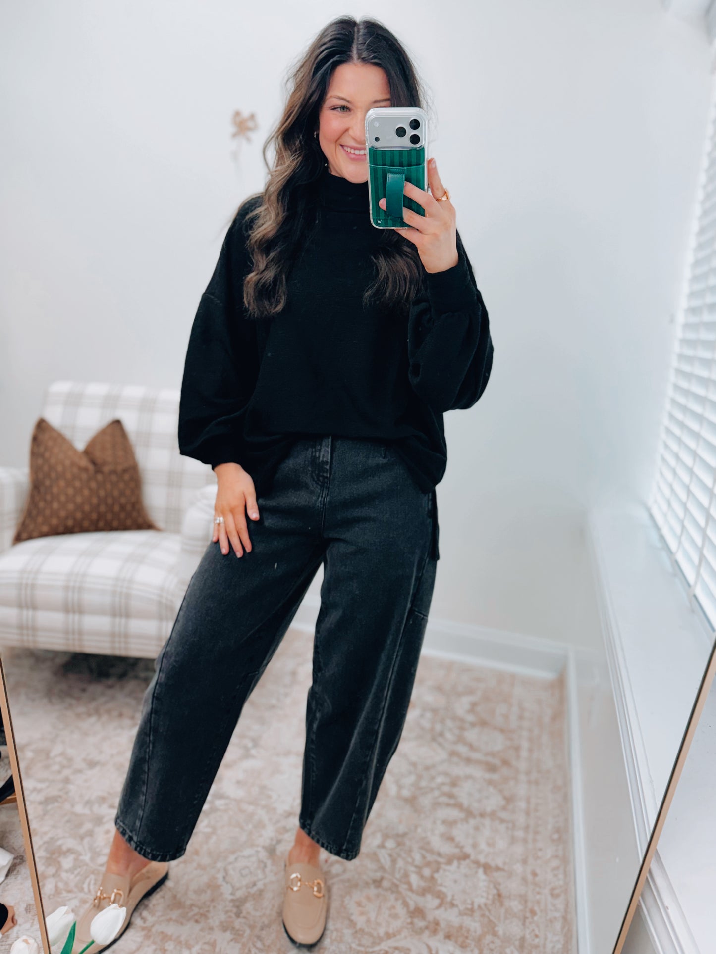 Black Ribbed Mock Neck Balloon Sweater