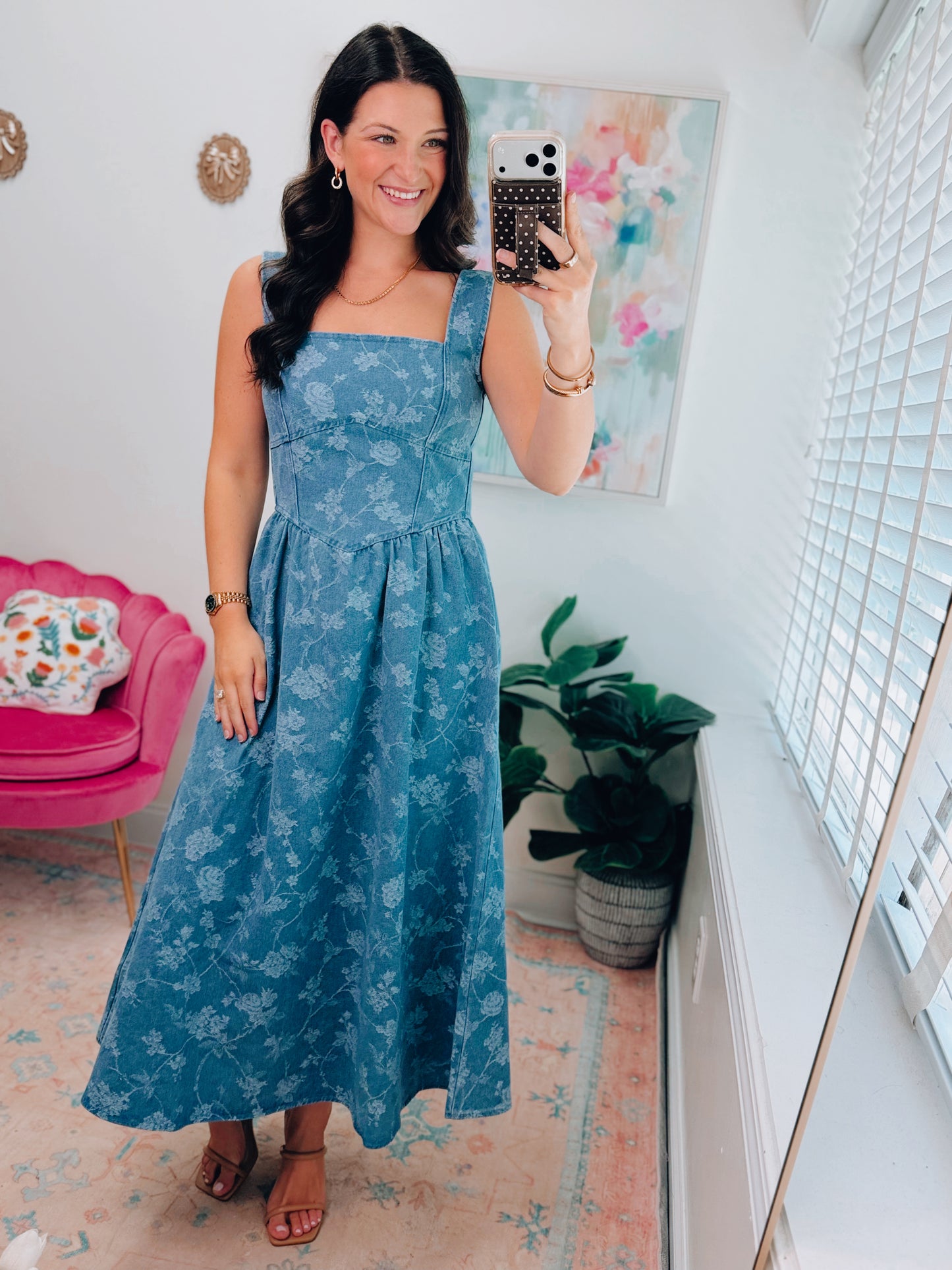 Jacquard Corset Floral Denim Midi Dress