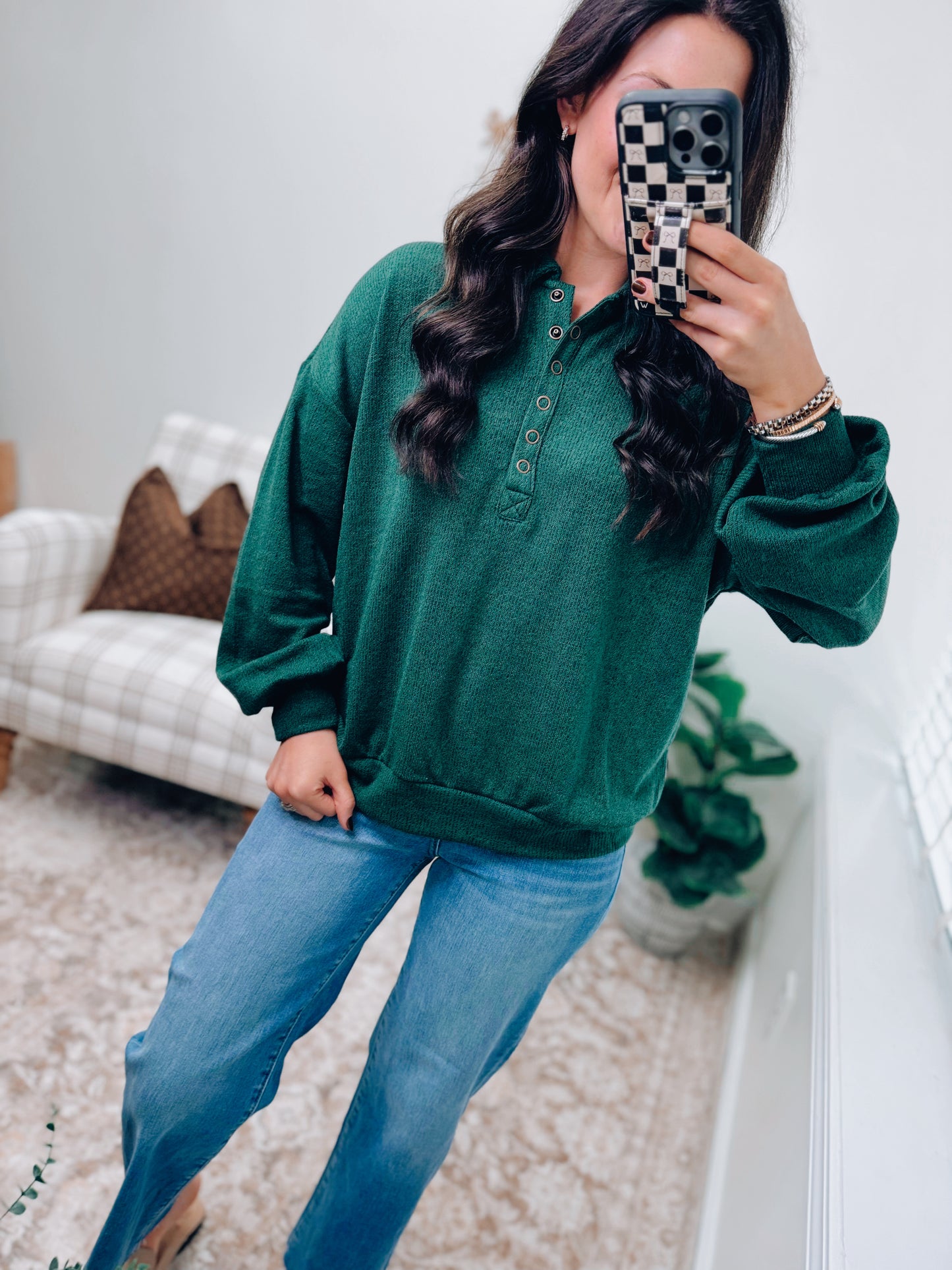 DOORBUSTER Collared Snap Button Pullover - Green