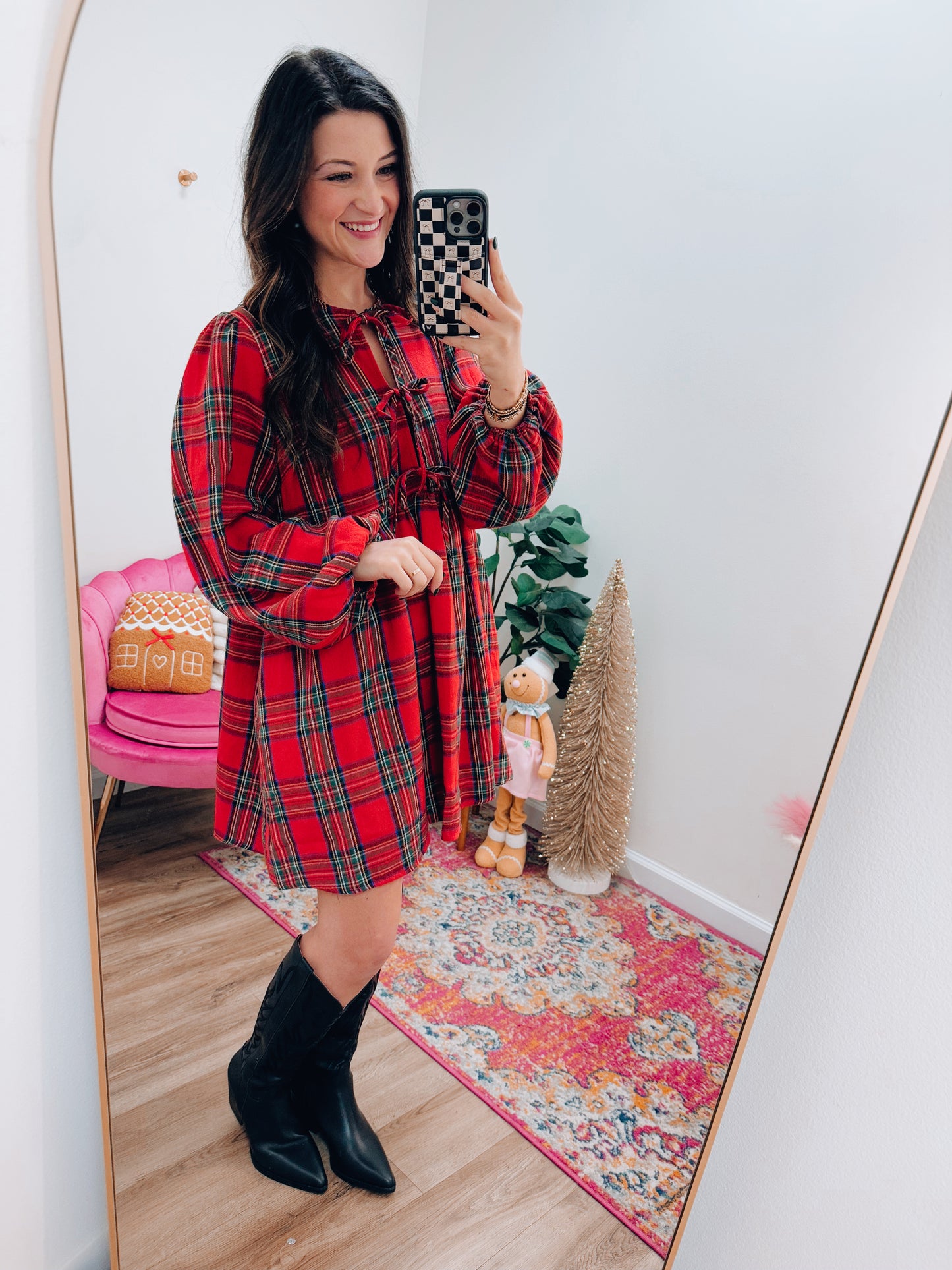 Christmas Plaid Bow Tie Mini Dress