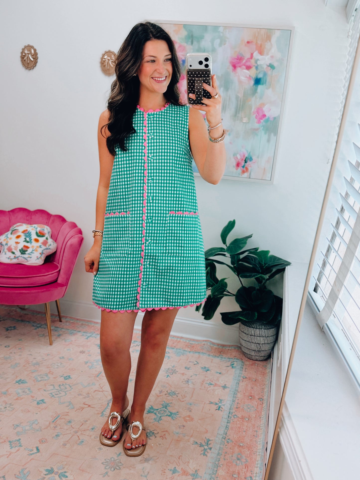 Southern Gingham Pink Scallop Mini Dress
