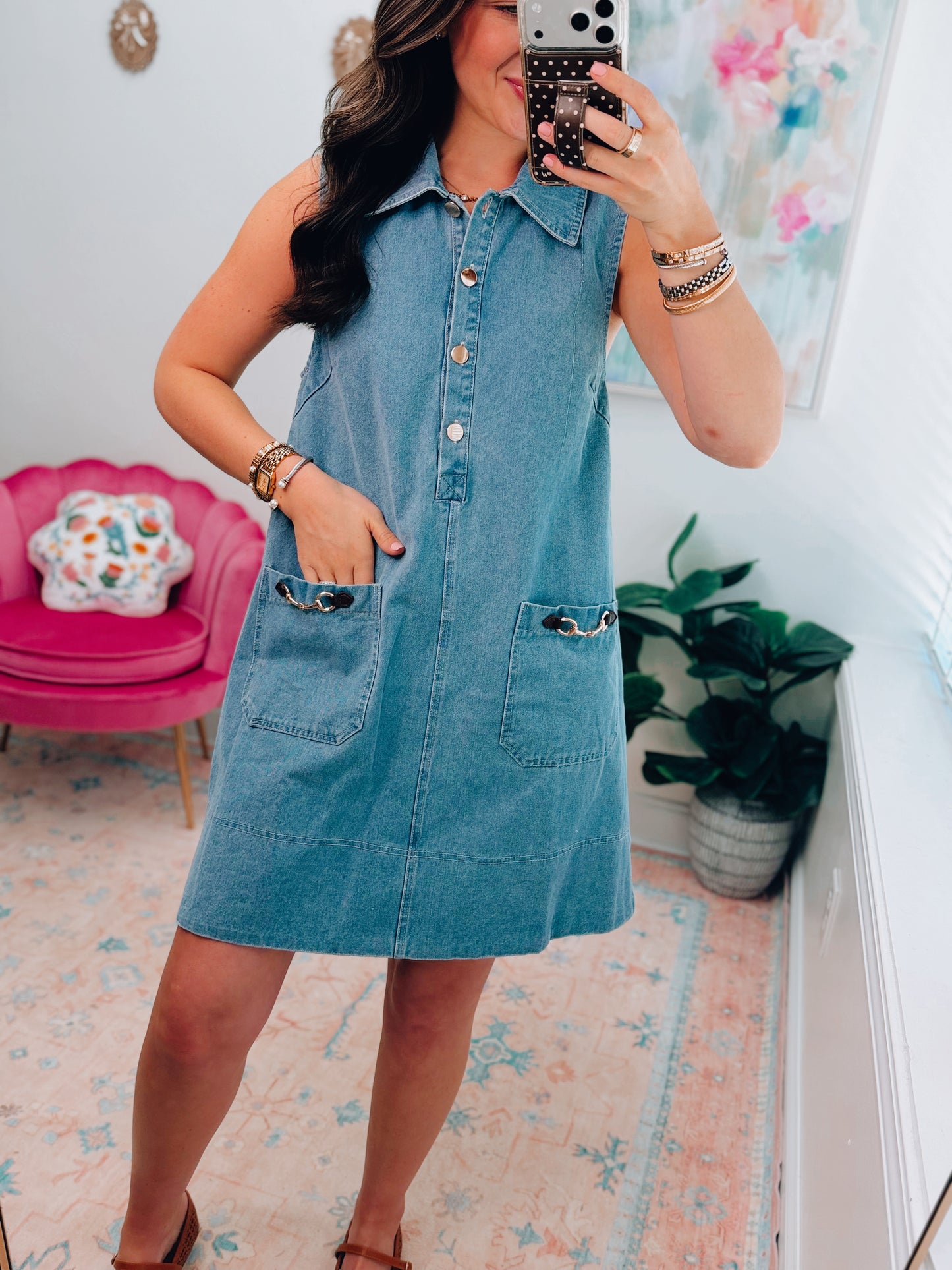 Horsebit Front Pocket Denim Mini Dress