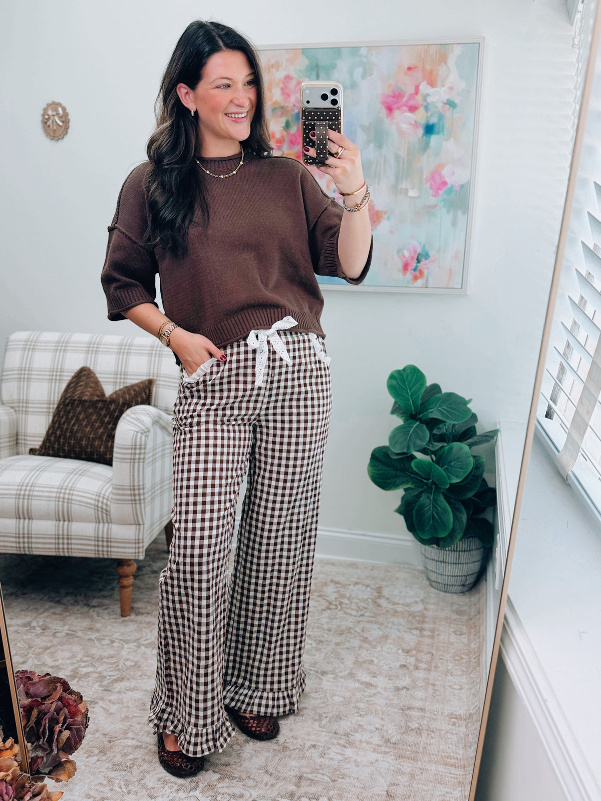 Brown Gingham Lace Ruffle Pants