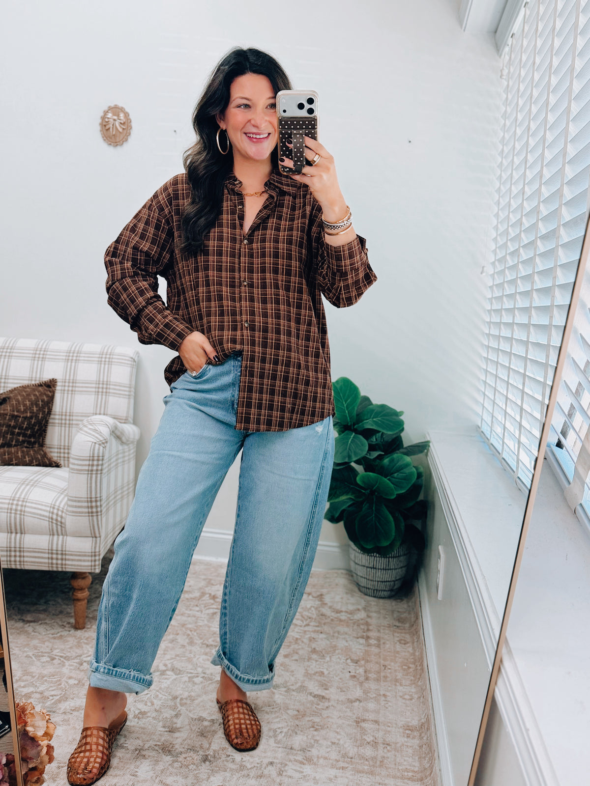 Oversized Plaid Flannel Top - Brown