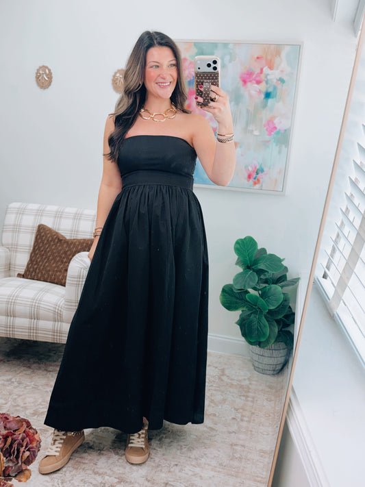 Black Strapless Flowy Maxi Dress
