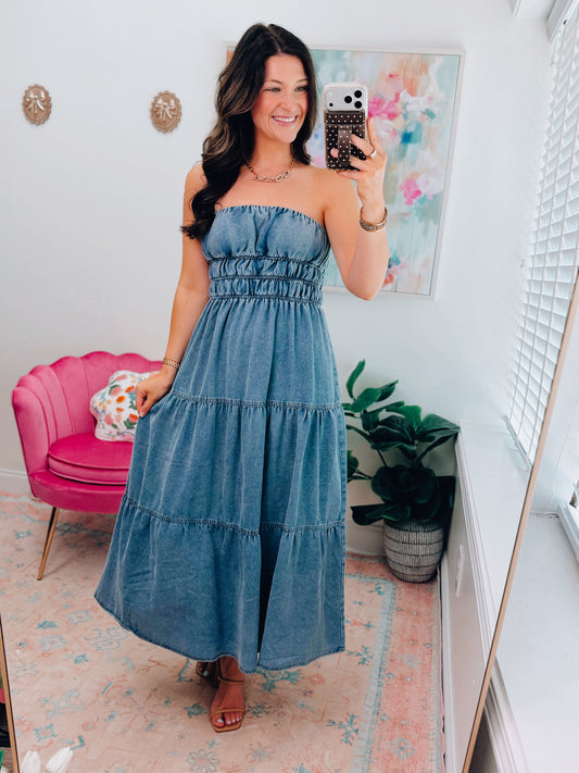 Strapless Shirred Denim Midi Dress