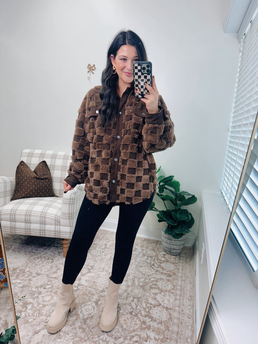 Chocolate Checkered Shearling Shacket