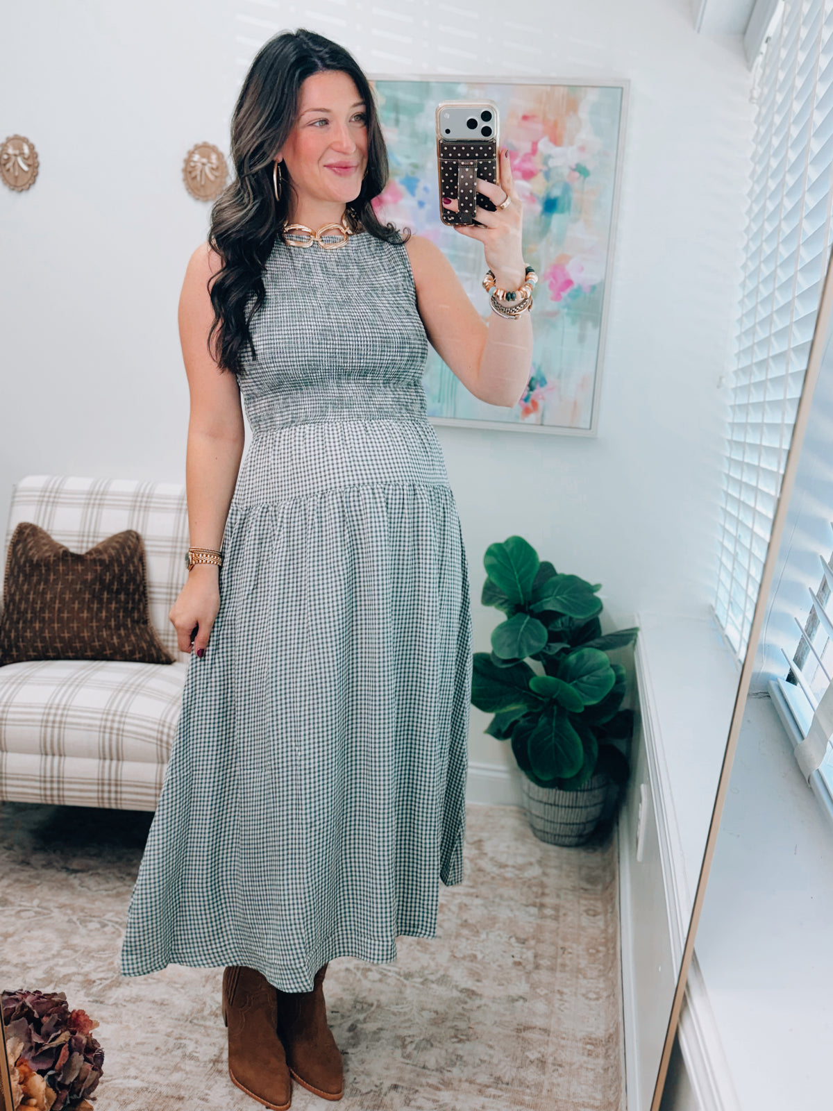 Green Gingham Smocked Tiered Midi Dress