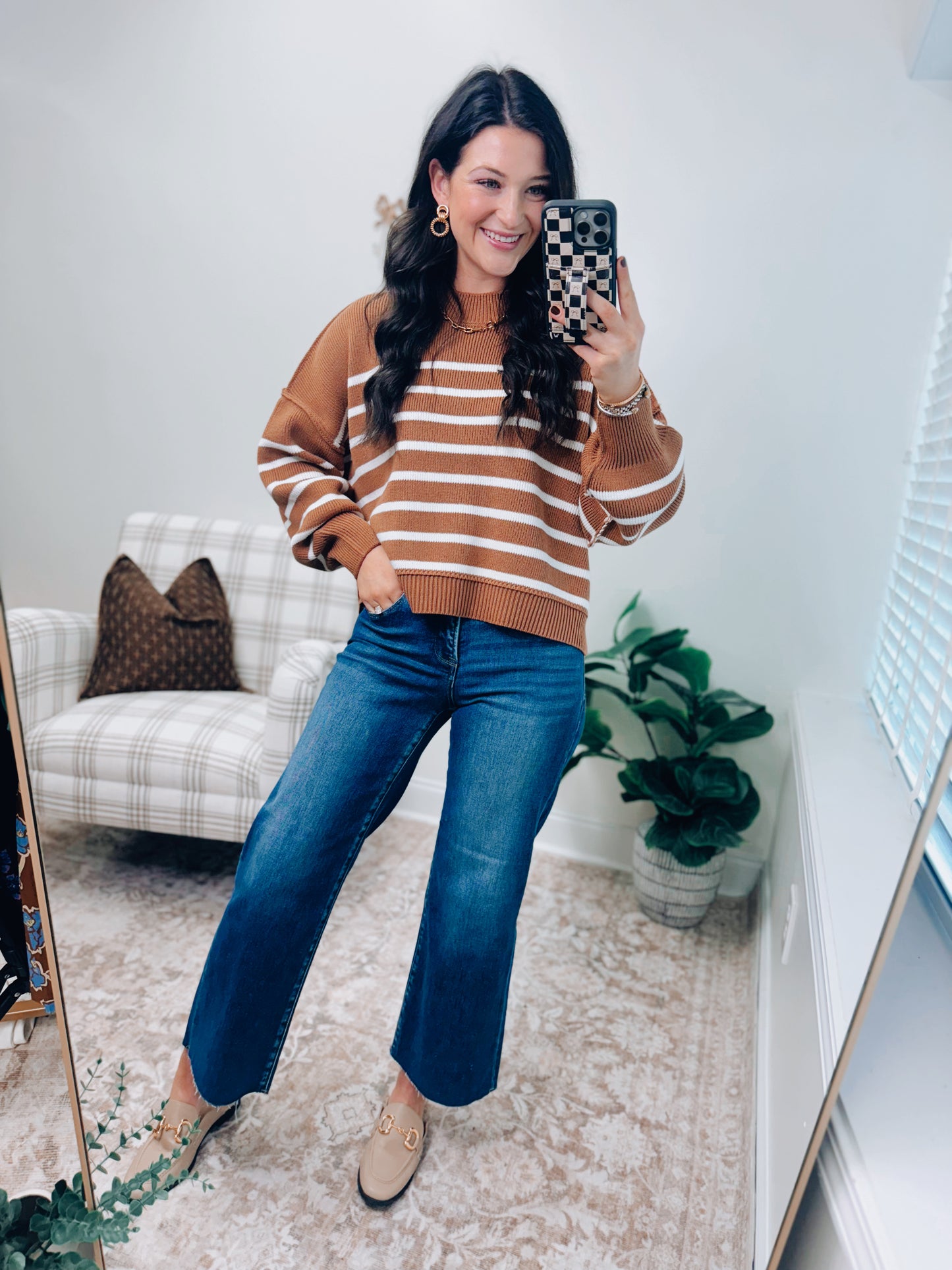 Mercer Striped Camel Mock Neck Ribbed Sweater