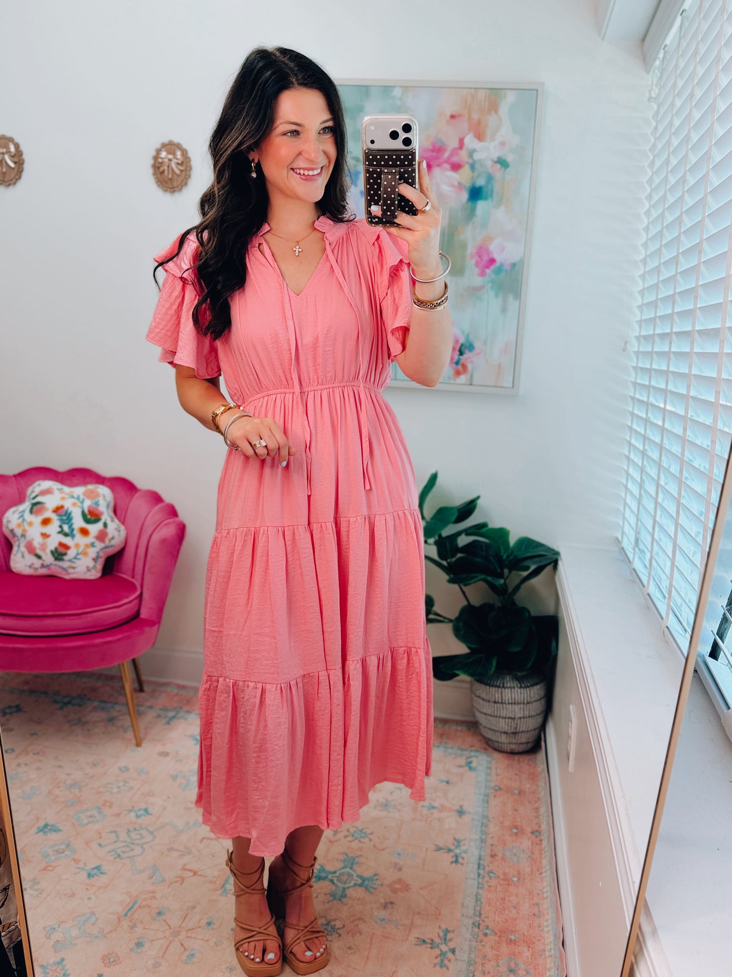 Pink Silk Ruffle Midi Dress
