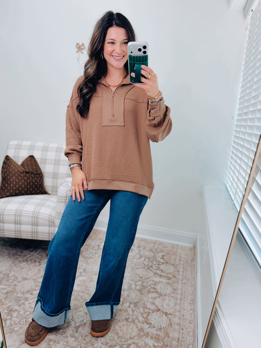 Everyday Layer Zip Patch Top - Mocha