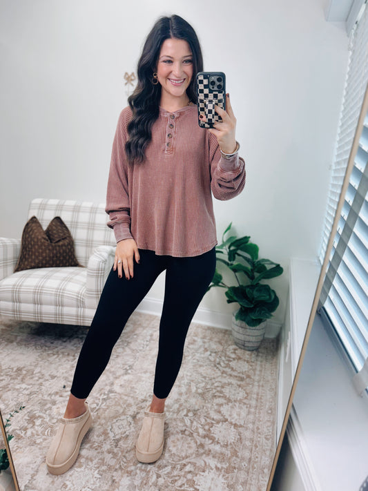 Mineral Washed Henley Waffle Raglan Top