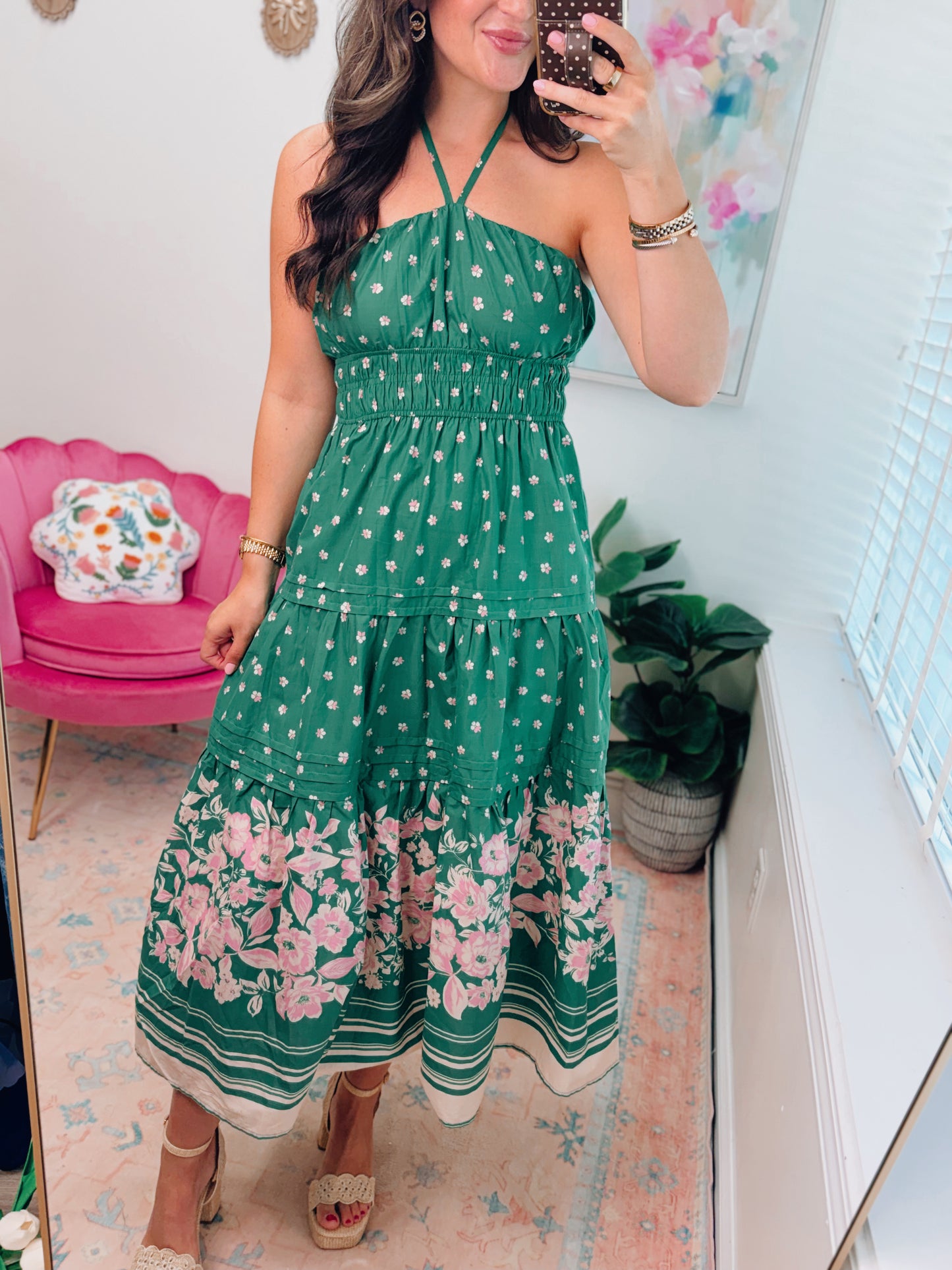 Green Floral Halter Smocked Midi Dress