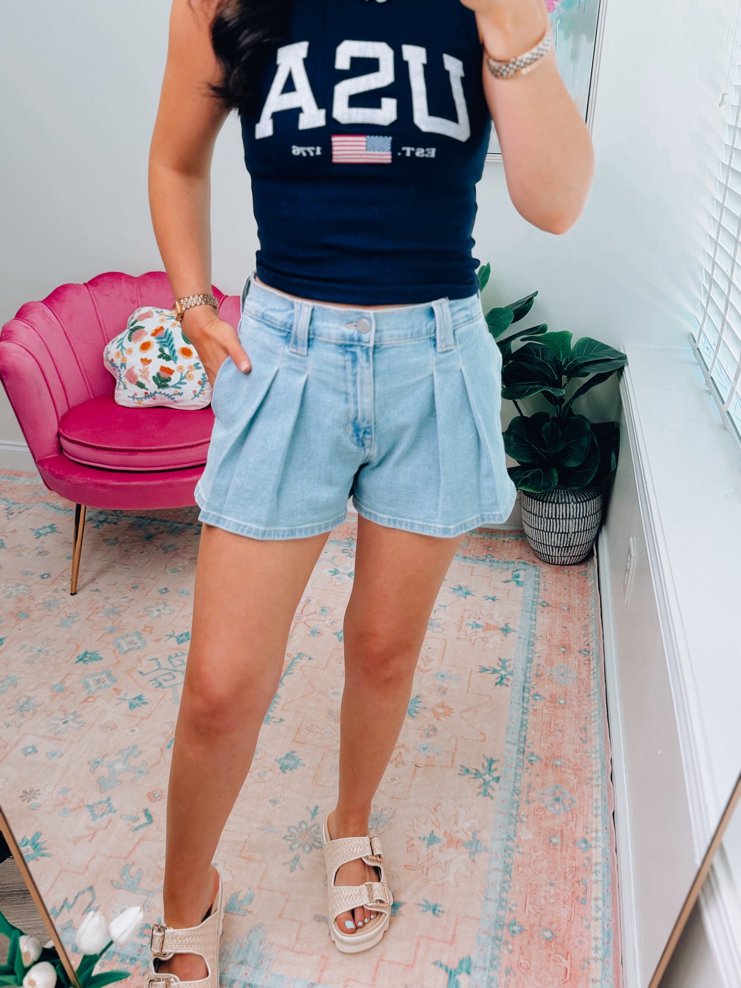 Pleated Bubble Denim Shorts