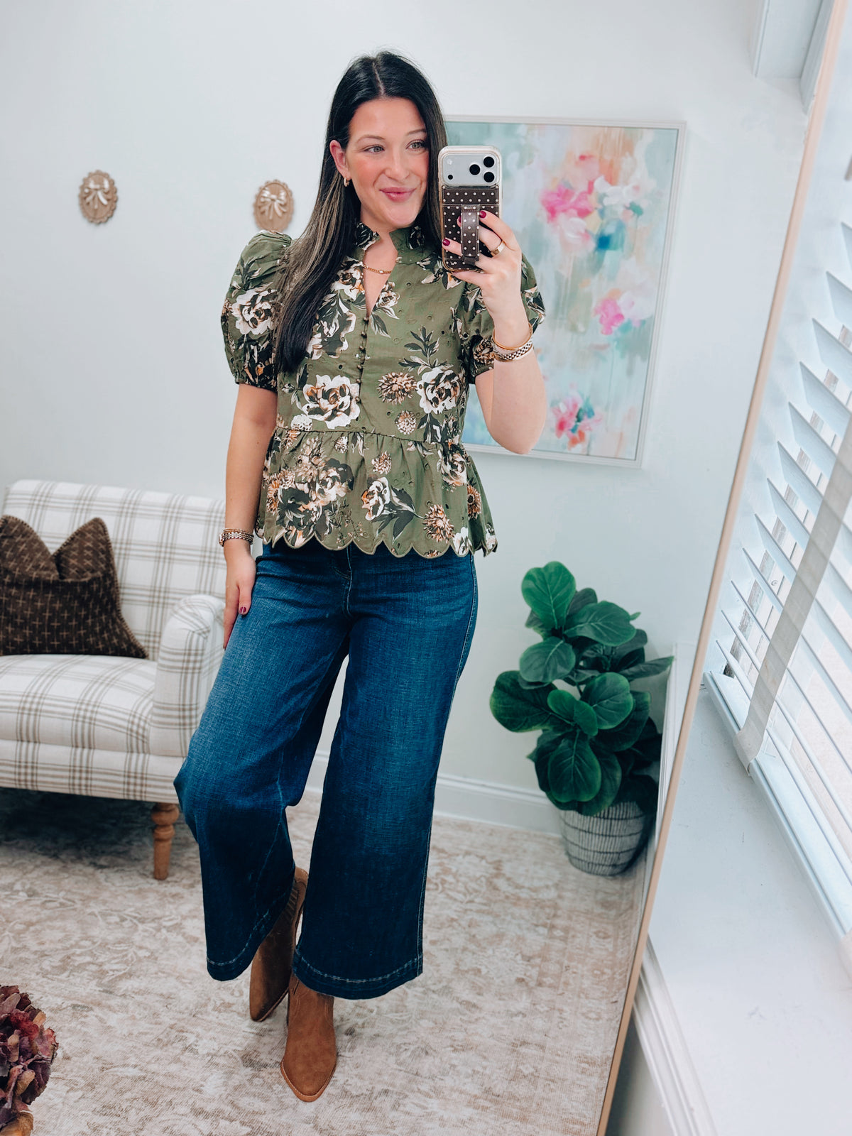 Hattie Olive Floral Eyelet Top