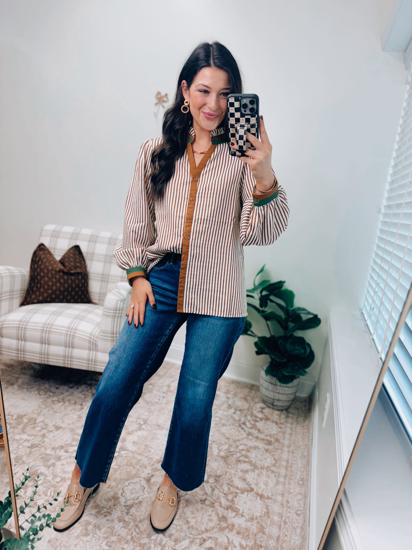 Camel Stripe Colorblock Button Top