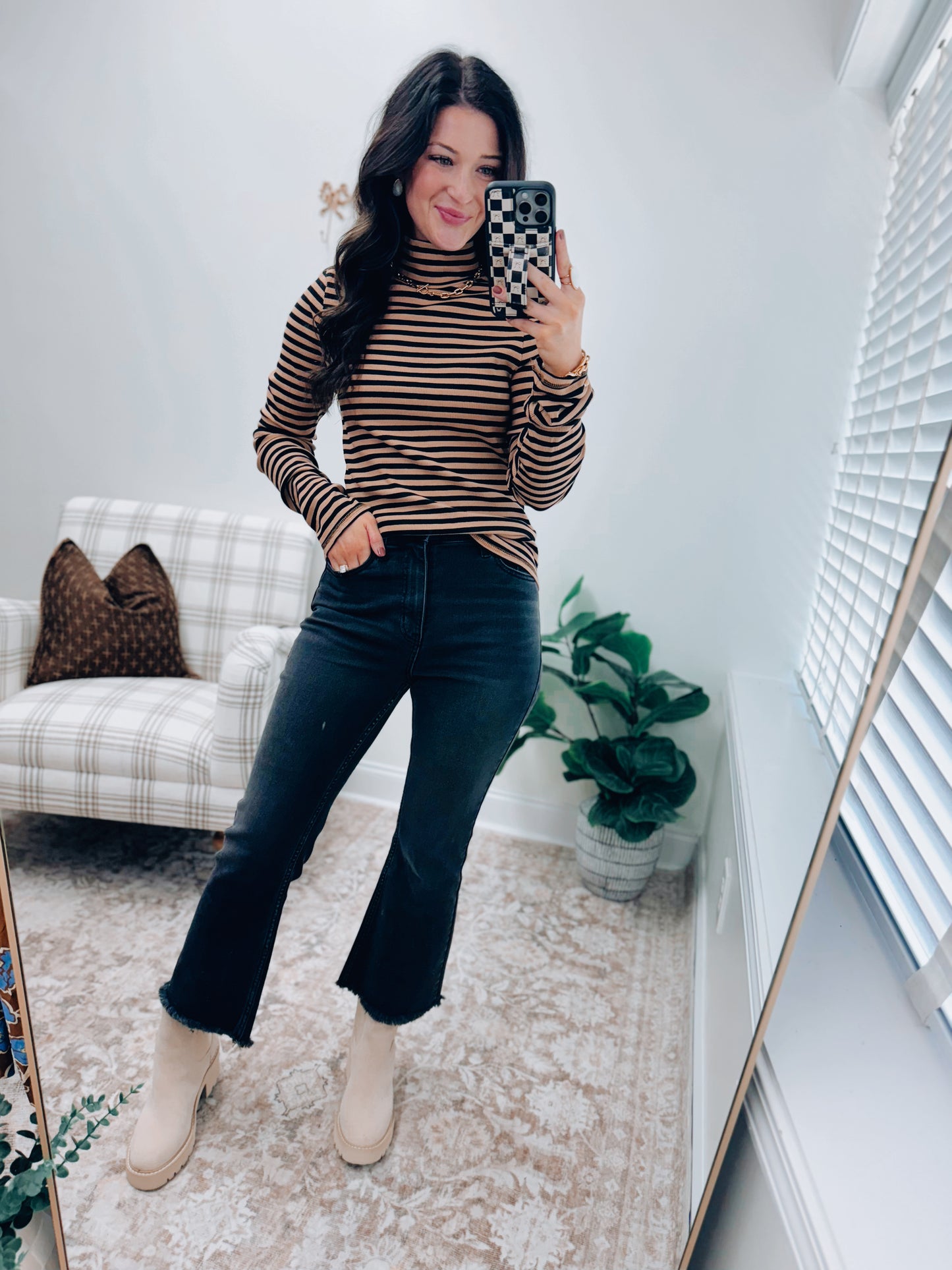 Striped Mock Neck Ribbed Top