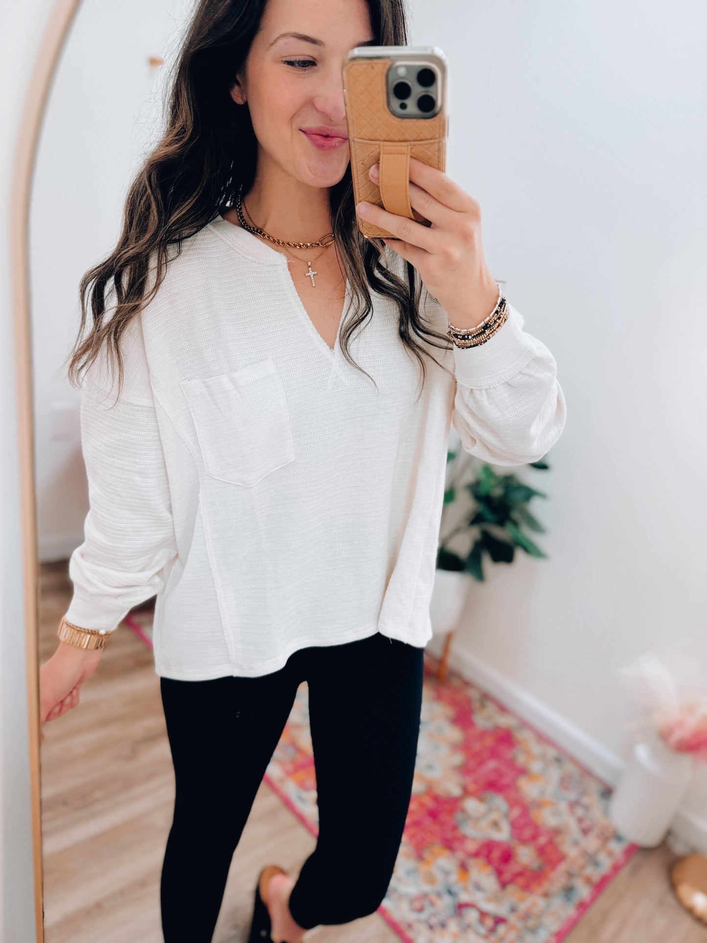 CURVY Solid Patchwork Knit Top - Cream