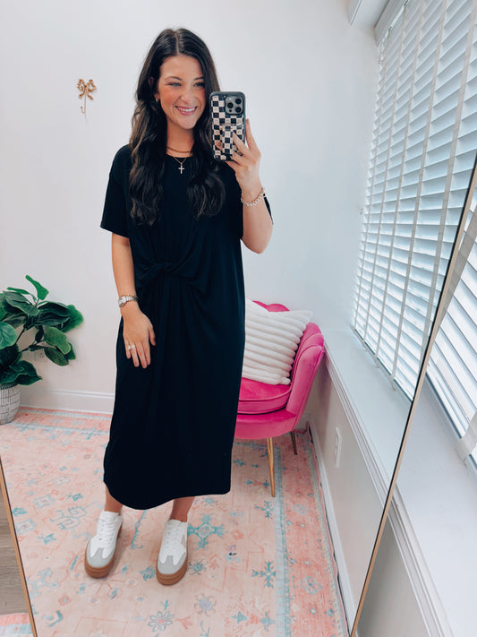 Black Waist Tie Buttery Midi Dress