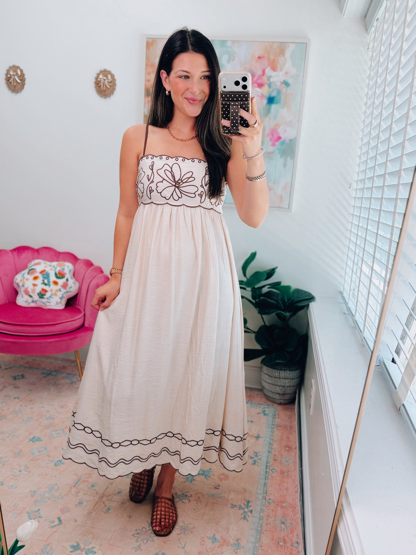 Floral Embroidered Scallop Midi Dress