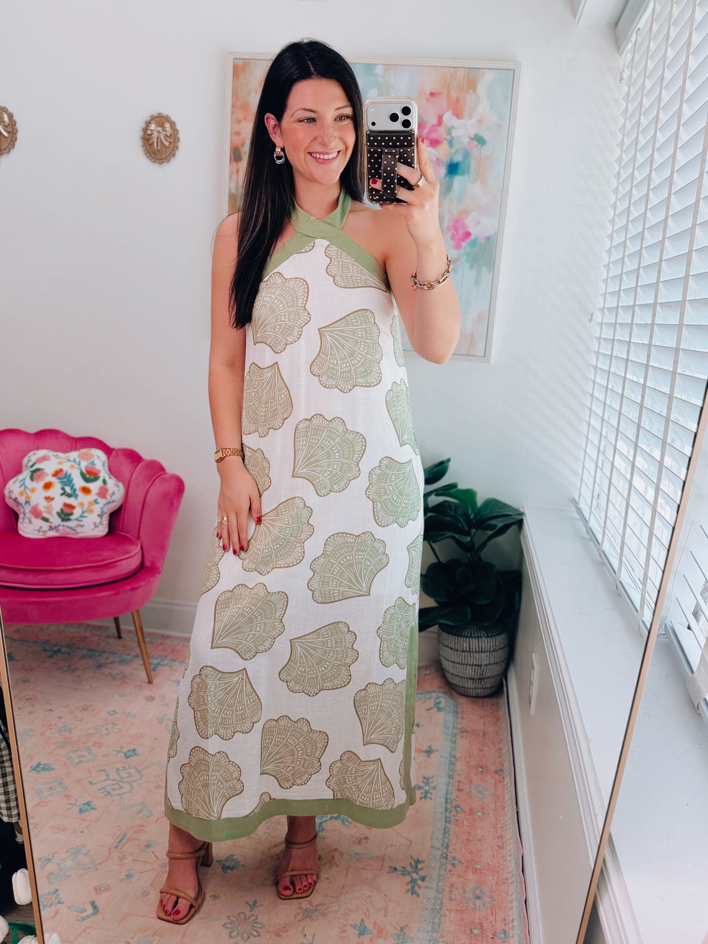 Olive Shell Halter Maxi Dress